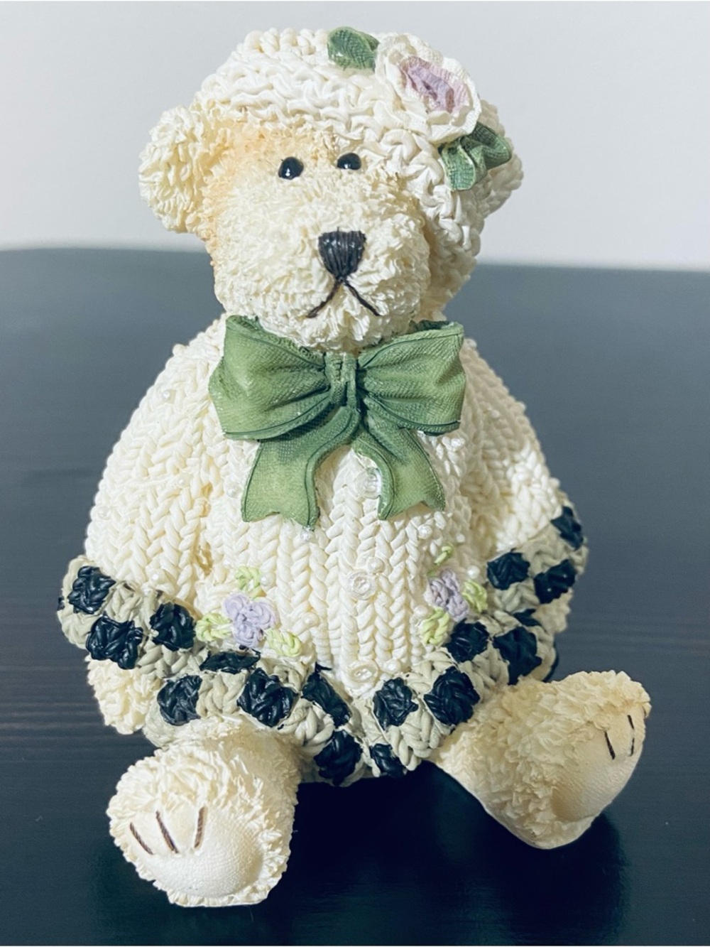 Heather Hykes Checkered PJ Sweater Bears Figurine Plum Pudding Artisan Flair No4